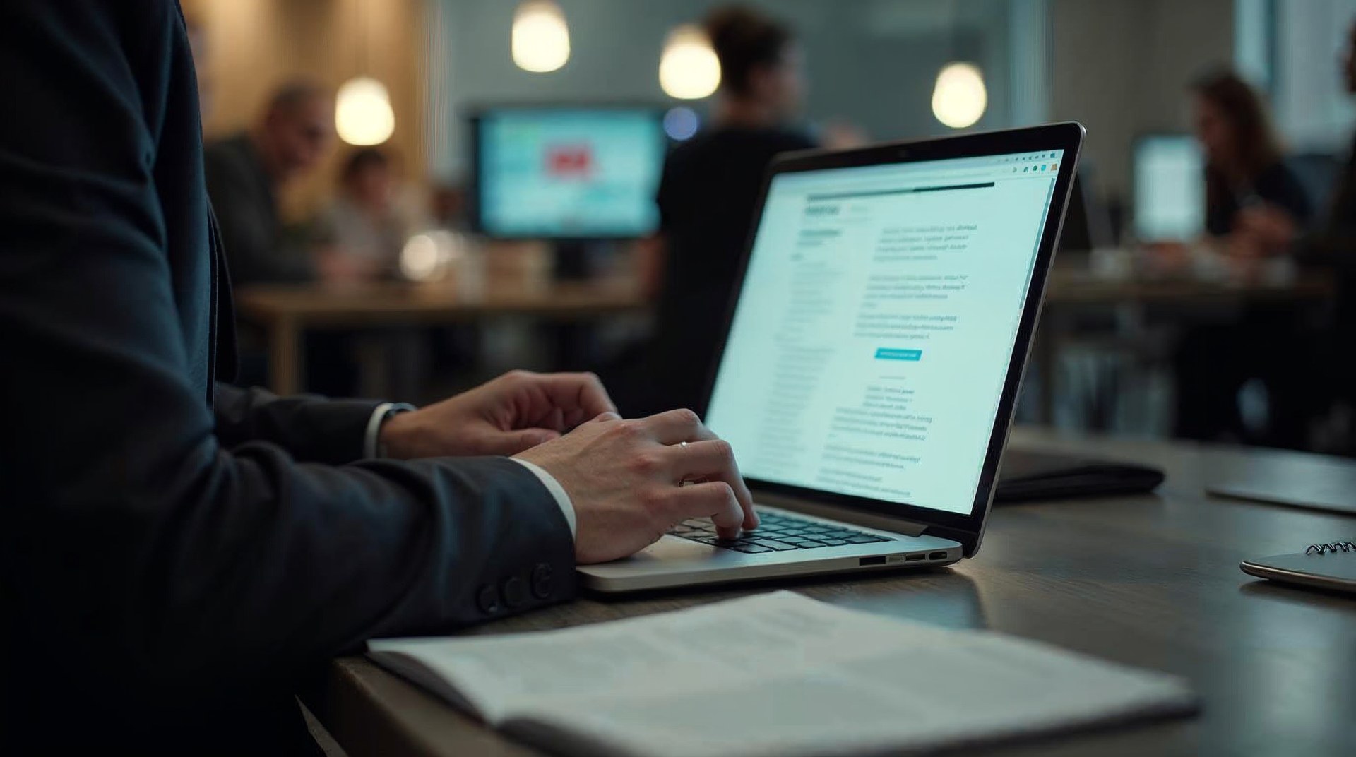 Journalist reading a pitch on a laptop in a newsroom with notes beside it
