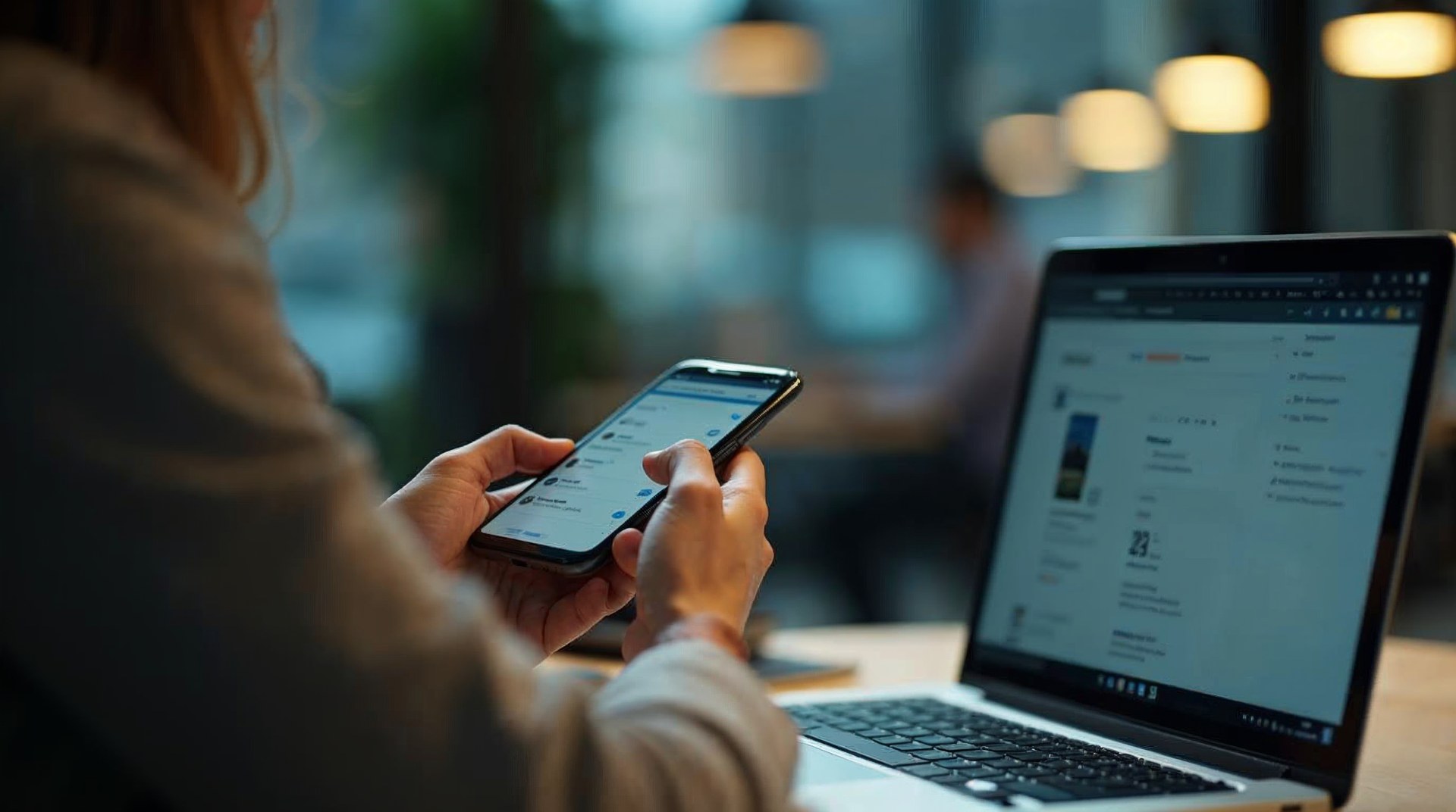 Professional scrolling a feed on a phone at a shared office table