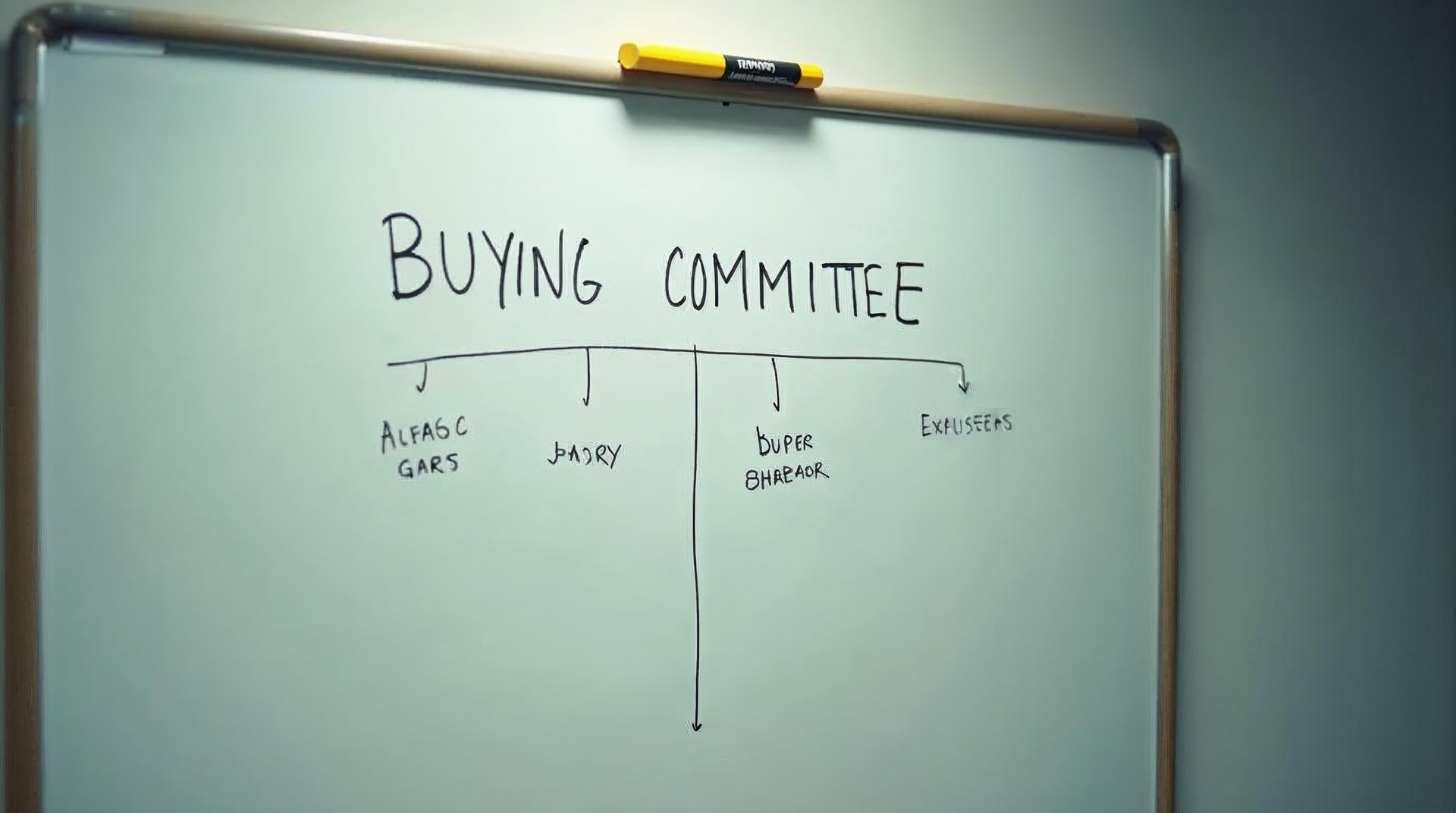 Whiteboard mapping a buying committee with a marker on the ledge