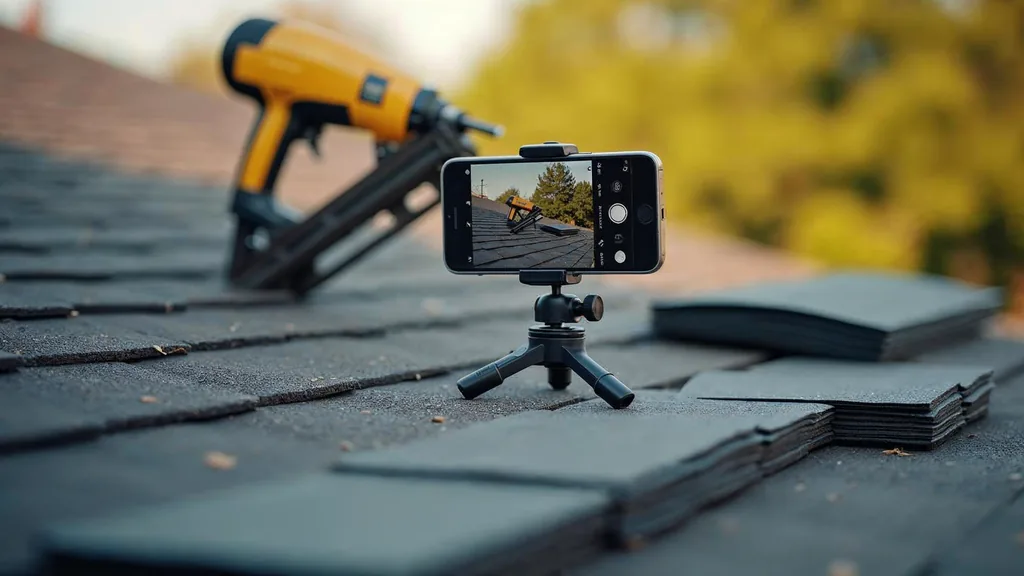 Editorial photograph of a smartphone on a small tripod filming a freshly shingled residential roof section with a nail gun and shingles nearby in warm late afternoon light