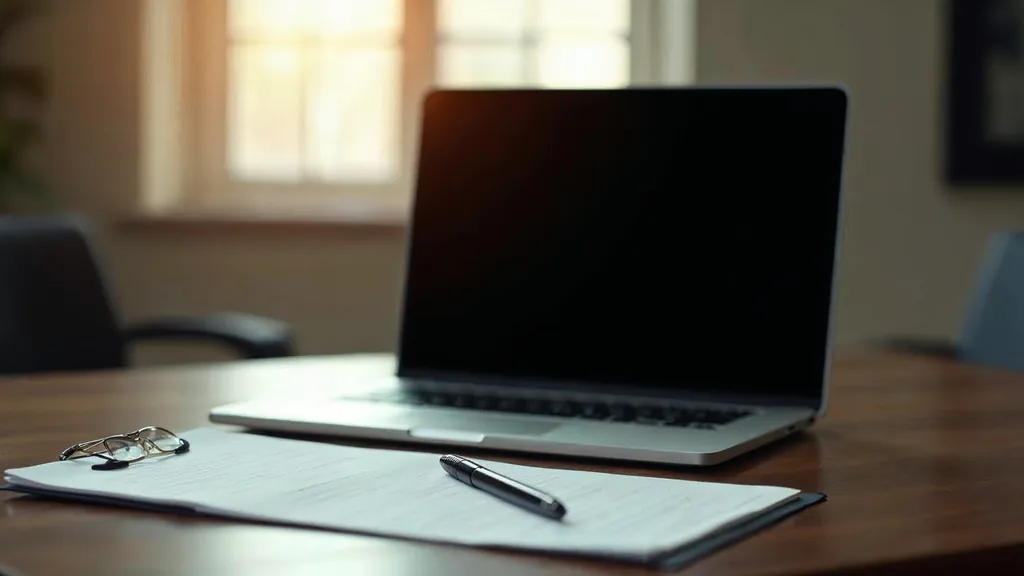 Editorial photograph of an empty law office desk with a legal pad, a pen and a laptop showing a blank dark video player in warm late afternoon window light