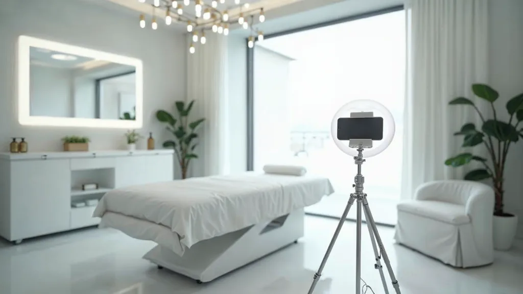 Editorial photograph of an empty modern aesthetic clinic treatment room with a white treatment bed, a small ring light on a stand and a smartphone on a tripod in bright soft daylight