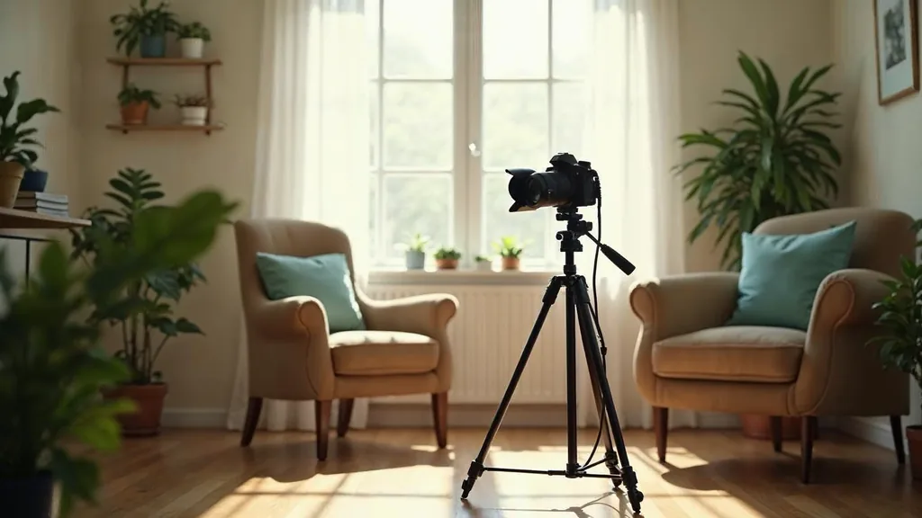 Editorial photograph of a camera on a tripod and a small video light facing an empty armchair beside a window in a calm sunlit therapy room with plants