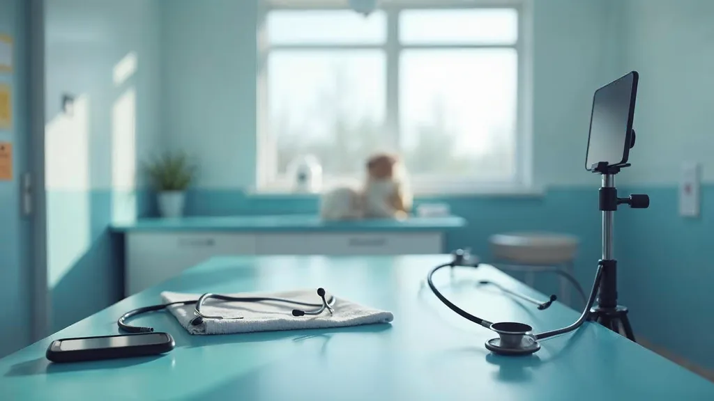 Editorial photograph of a smartphone on a small tripod with a soft light facing an empty clean veterinary examination table with a stethoscope and a folded towel in bright daylight