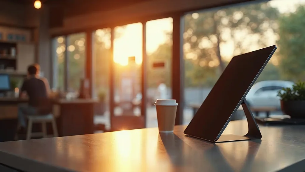 Editorial photograph of an empty modern franchise storefront counter at dawn with a tablet on a stand and a paper coffee cup in warm daylight through glass