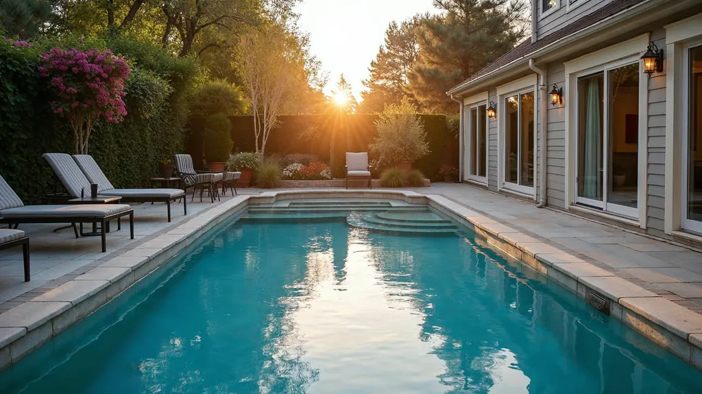 Editorial photograph of a freshly finished backyard swimming pool at golden hour with stone coping and lounge chairs and still water reflecting the sky