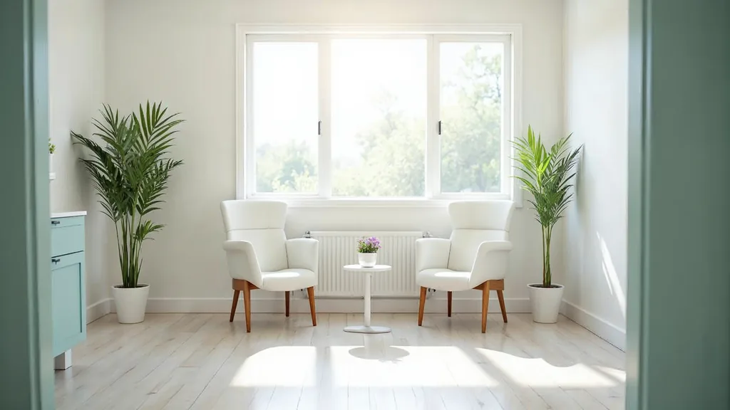 Editorial photograph of an empty bright modern fertility clinic consultation room with two chairs, a small desk and a plant beside a large window in soft daylight