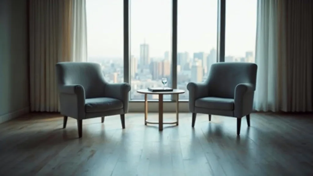 Editorial photograph of an empty advisory meeting room with two armchairs, a low table with a notepad and a glass of water beside a tall window with city light
