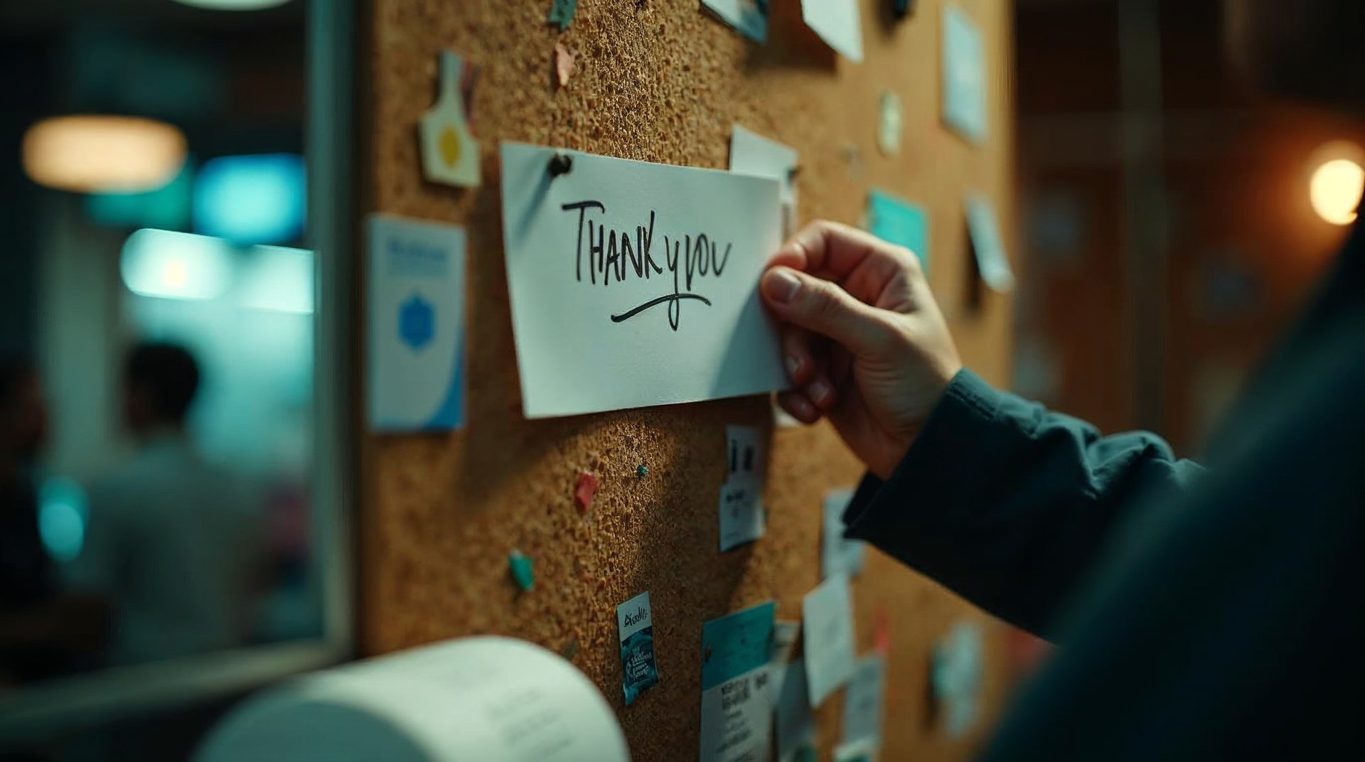 Hand-written review cards pinned above a busy service counter