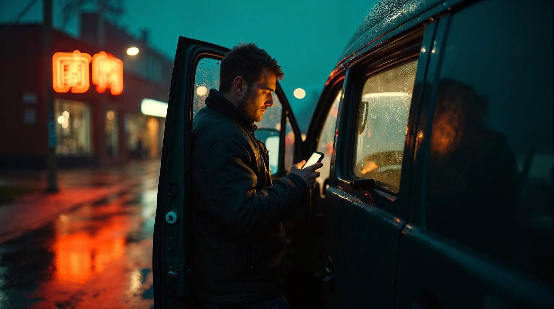 Van driver checking a phone map at dusk outside a lit shopfront