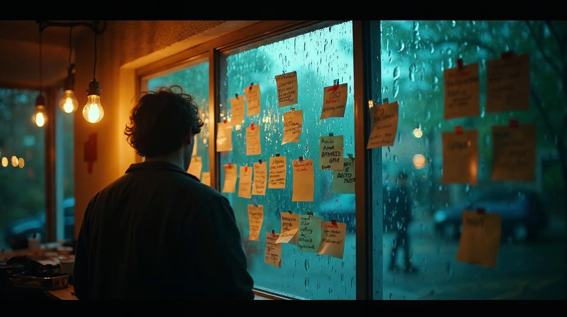 Storyboard sticky notes for ad hooks stuck across a studio window
