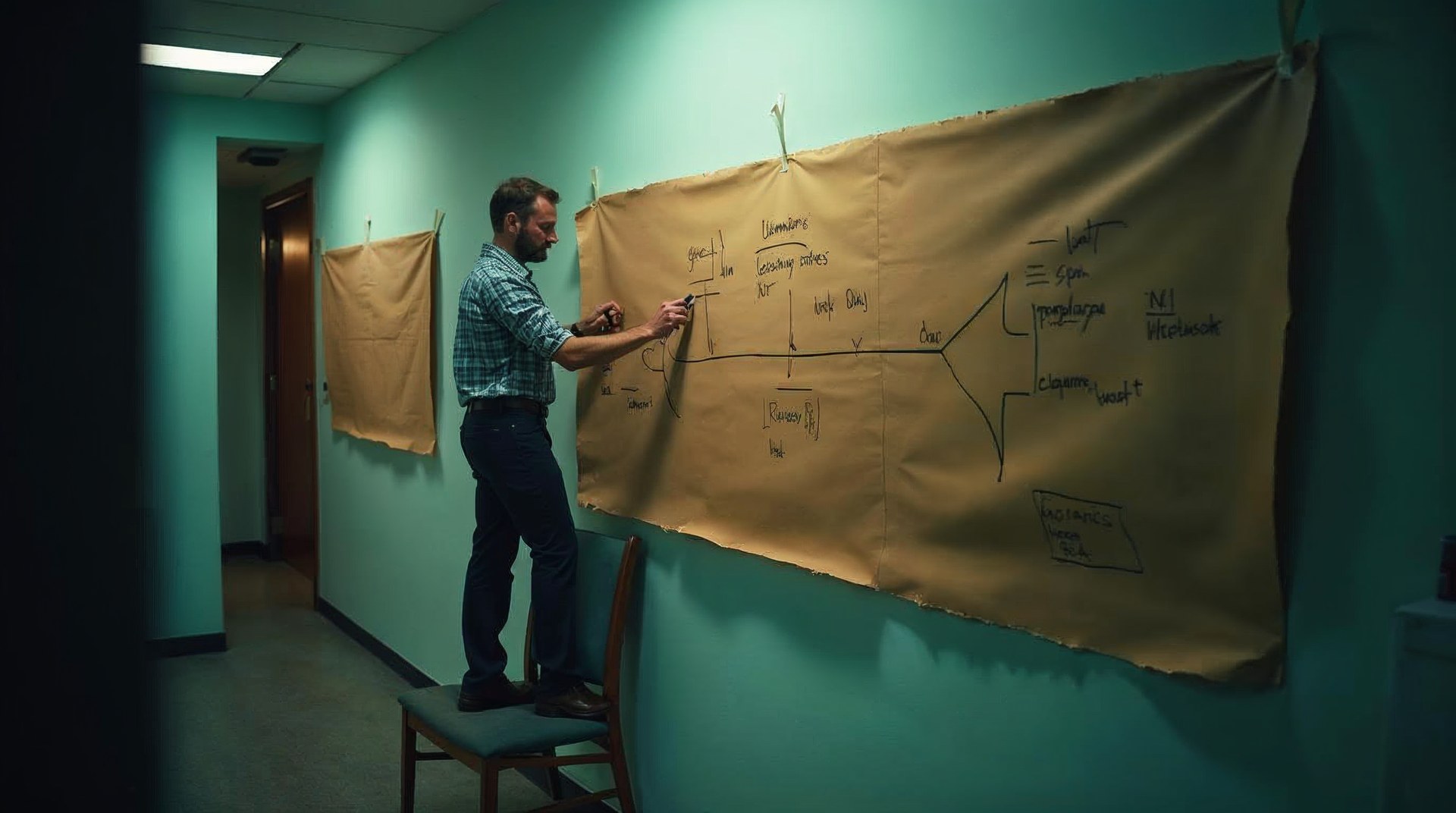 Operations lead drawing a customer journey across a taped-up paper roll