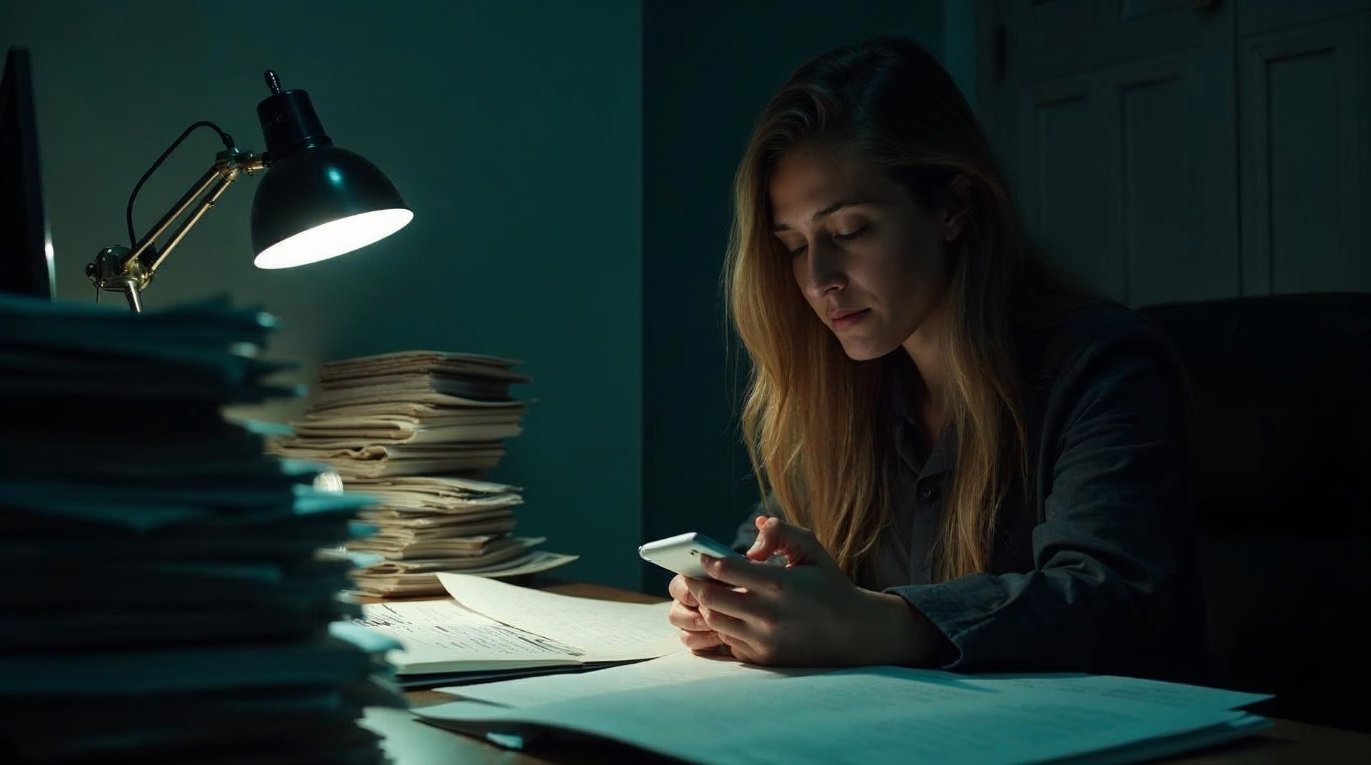 Late-night desk with a phone alert and a stack of annotated printouts