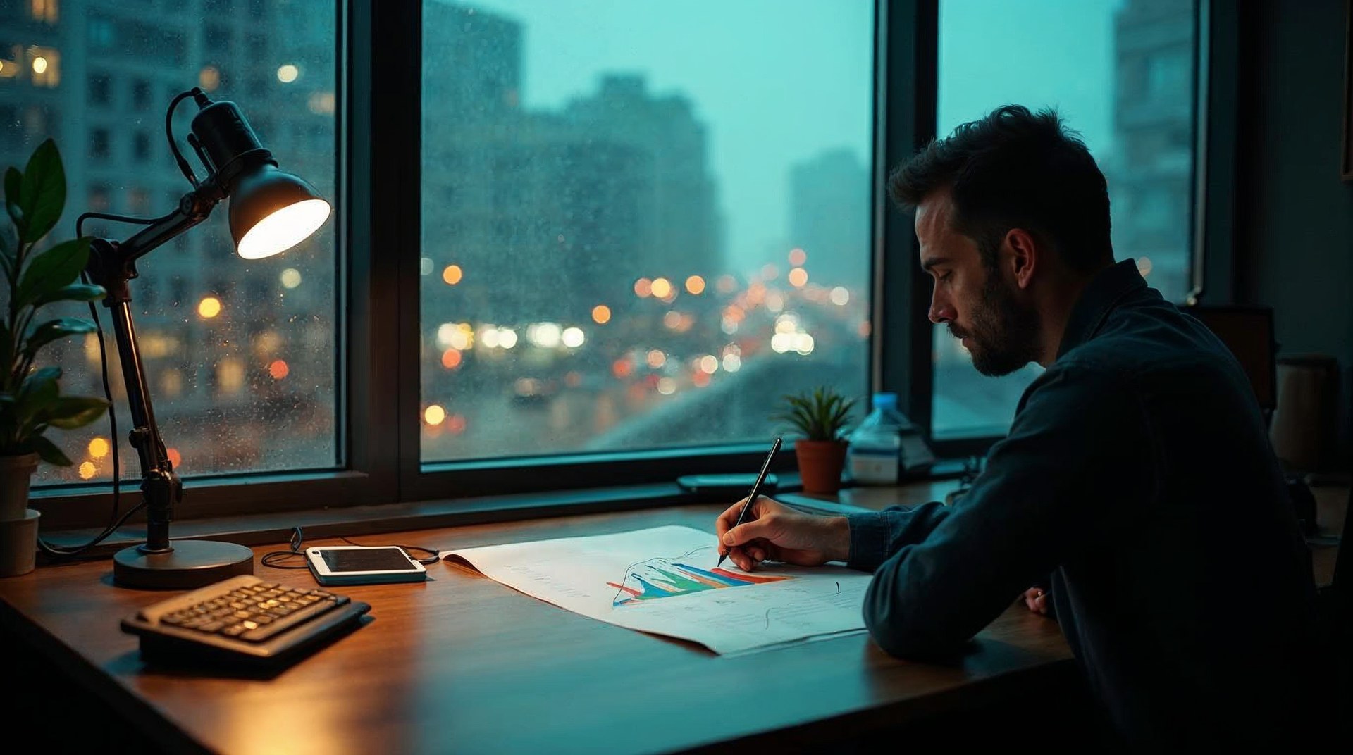 Data scientist marking response curves on a printed chart at a window desk