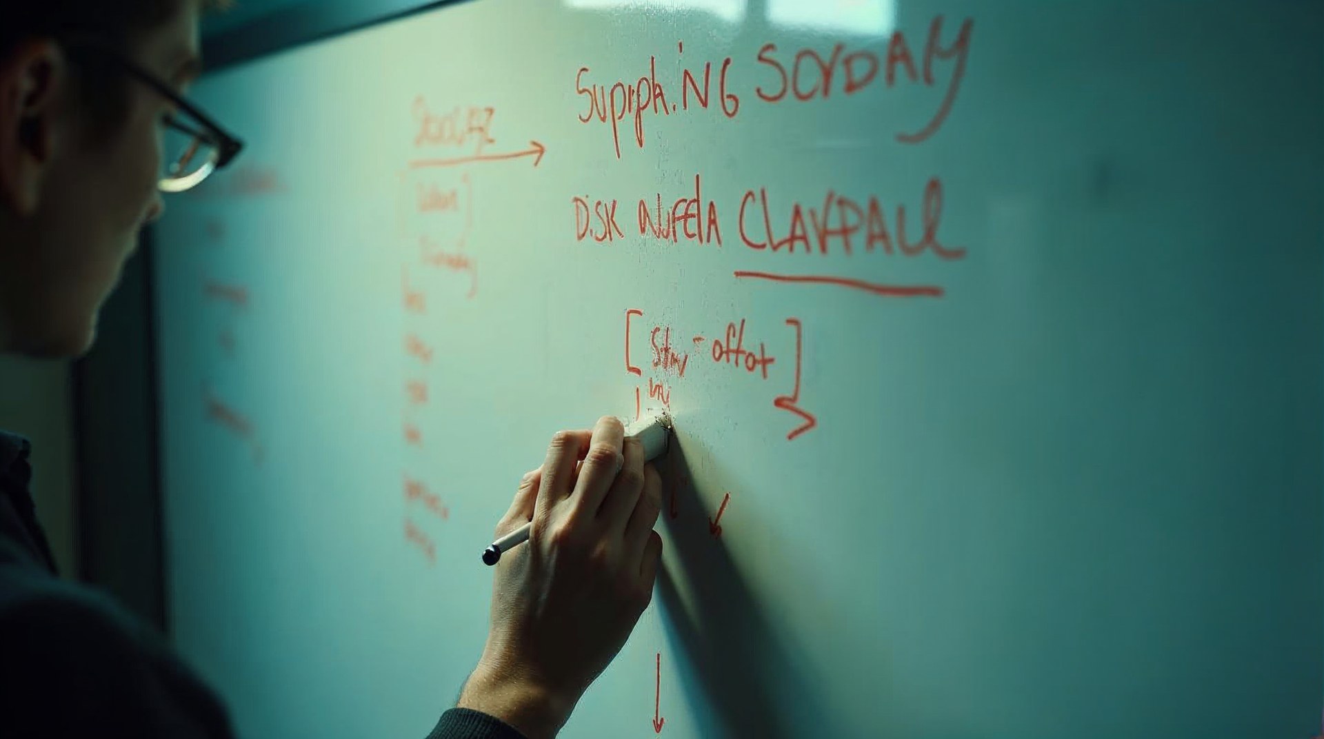 Whiteboard covered in channel names and arrows, half wiped clean