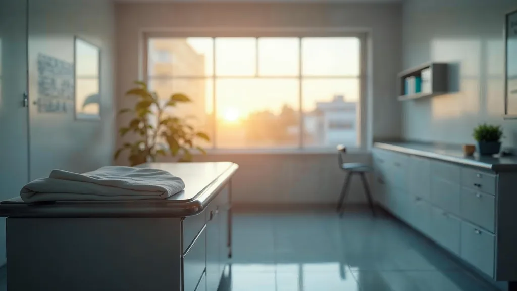 Editorial photograph of an empty modern veterinary clinic consulting room at dawn with a stainless examination table and a folded blanket in soft daylight