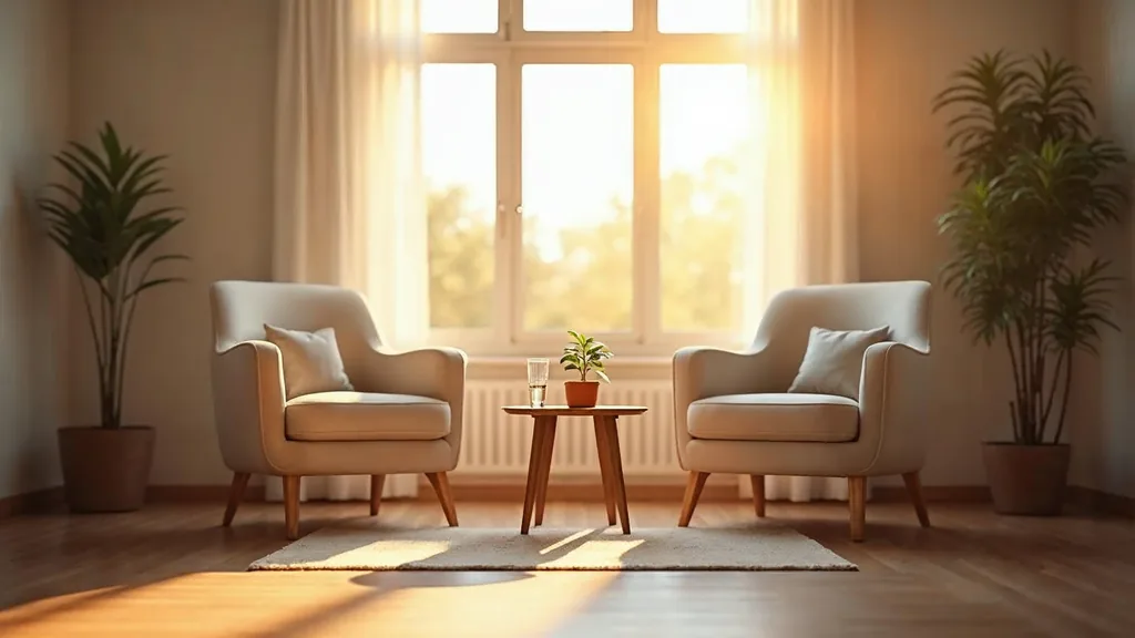 Editorial photograph of an empty sunlit therapy room at a residential treatment centre at dawn with two facing armchairs and a low table in soft daylight