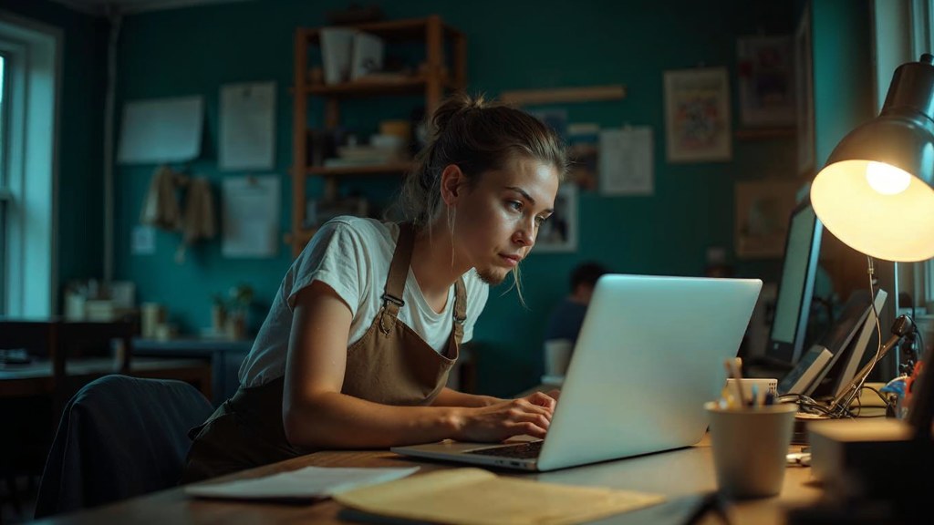 A small-business owner in an apron leaning over a laptop on a cluttered back-office desk late in the day, photographed in Salt Lake City
