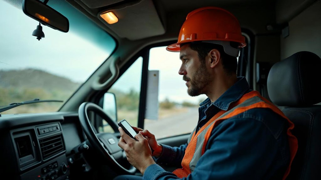 A contractor sitting in the cab of a work van reviewing a phone before driving off, photographed in Salt Lake City
