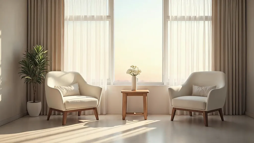 Editorial photograph of an empty modern fertility clinic consultation room at dawn with two chairs, a small desk and a vase of white flowers in soft daylight