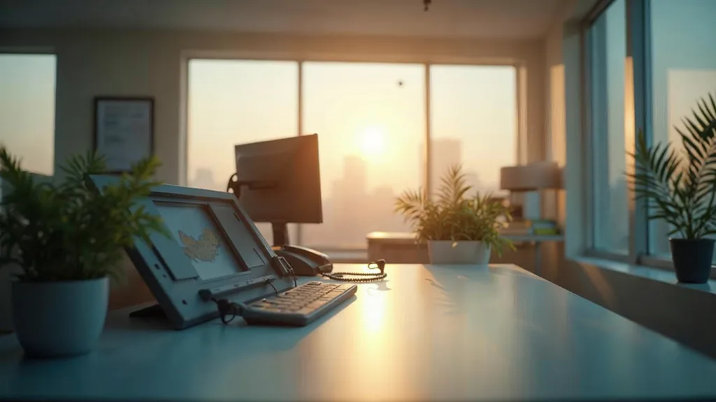 Editorial photograph of an empty veterinary practice reception desk at dawn with a monitor, a telephone handset and a small potted plant in soft daylight