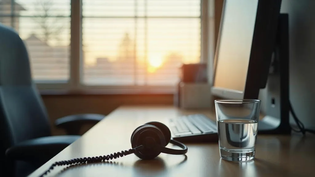 Editorial photograph of an empty admissions office at a treatment centre at dawn with a desk, a telephone headset beside a monitor and a glass of water in soft daylight