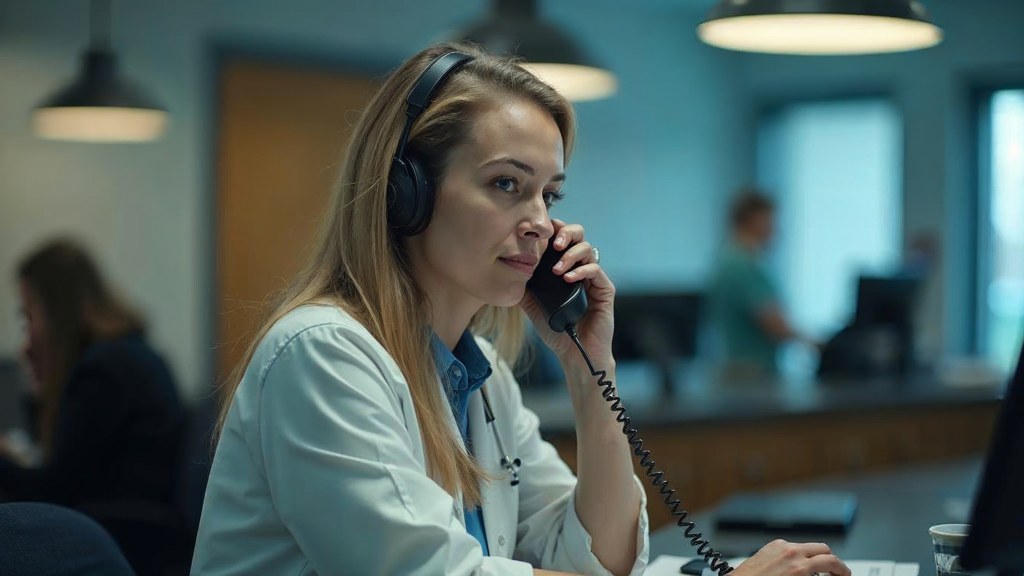 A clinic receptionist taking a phone call at a busy front desk with patients waiting, photographed in Salt Lake City
