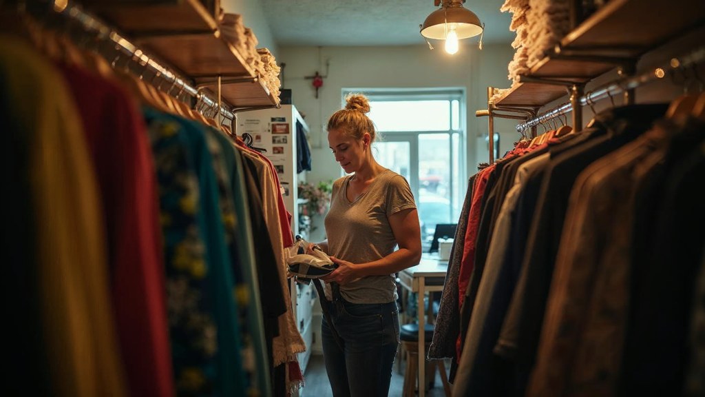 A boutique owner steaming garments in a narrow shop stockroom at opening time, photographed in Salt Lake City