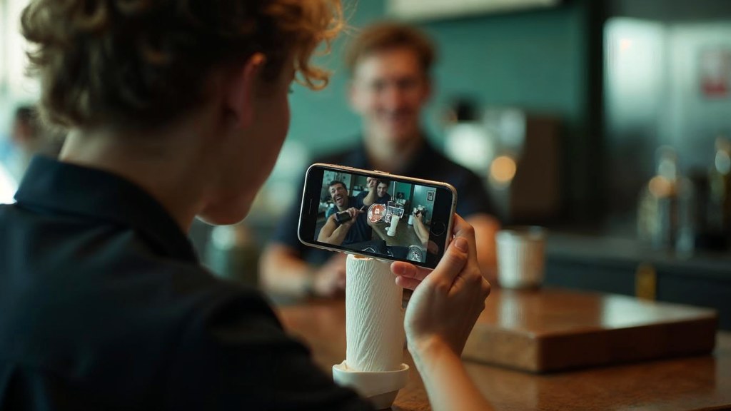 A young cafe worker filming a drink being poured on a phone propped against a napkin holder, photographed in Salt Lake City