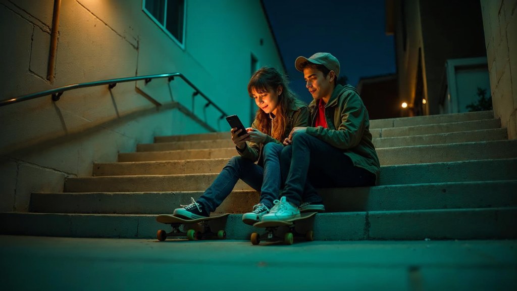 Two teenagers on skateboards looking at a phone on a set of concrete steps, photographed in Salt Lake City