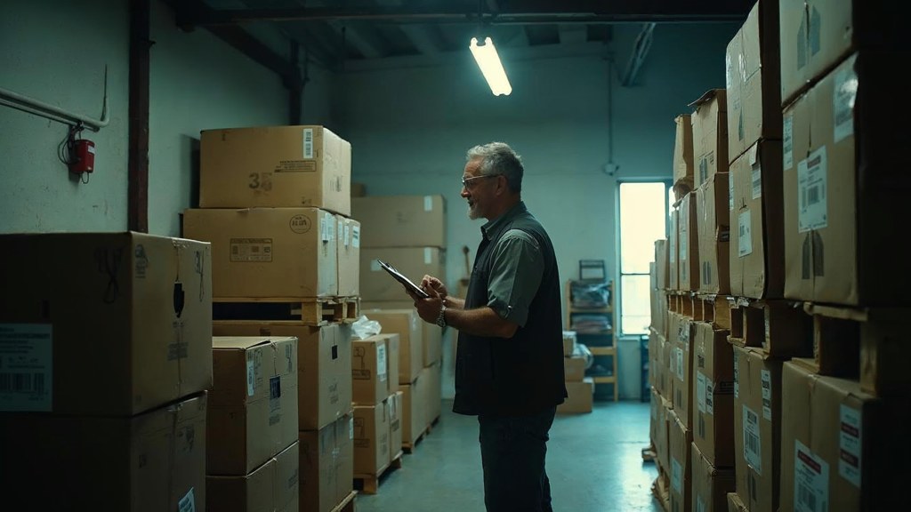 A seller checking barcodes on stacked cartons in a garage stockroom, photographed in Salt Lake City