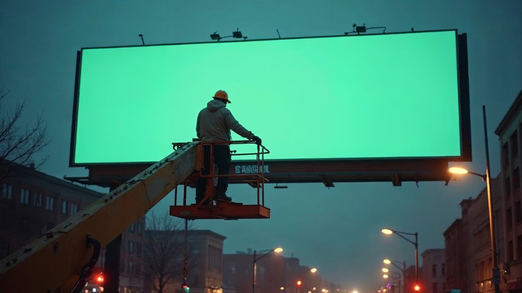 A crew member on a lift installing a blank billboard panel above a busy street, photographed in Salt Lake City