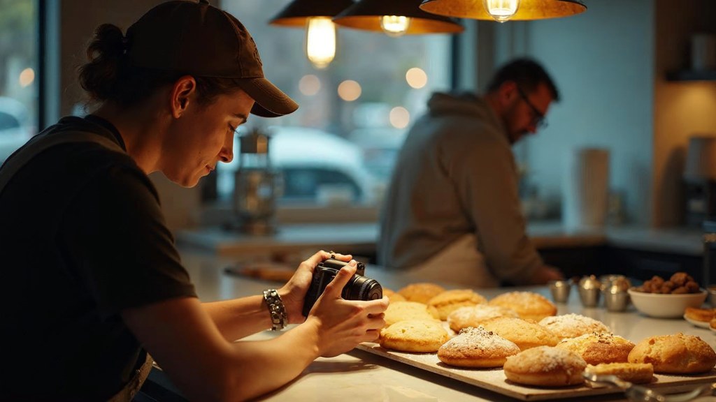 A bakery owner photographing a tray of pastries on a marble counter at dawn, photographed in Salt Lake City