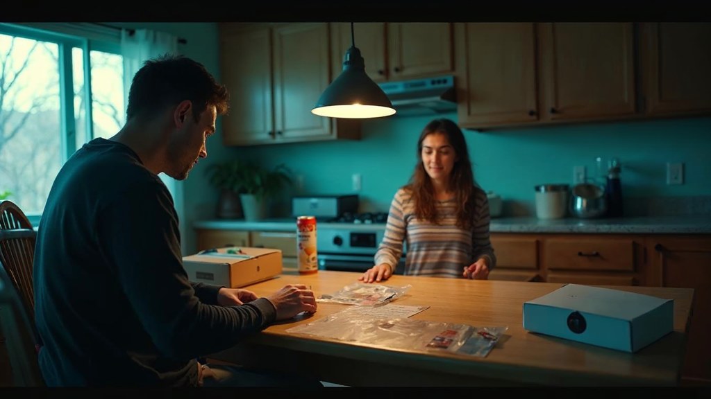 A customer filming an unboxing on a kitchen table strewn with packaging, photographed in Salt Lake City