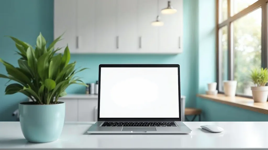 Editorial photograph of a clean modern veterinary clinic reception desk with a laptop open on a simple bright webpage layout in soft daylight