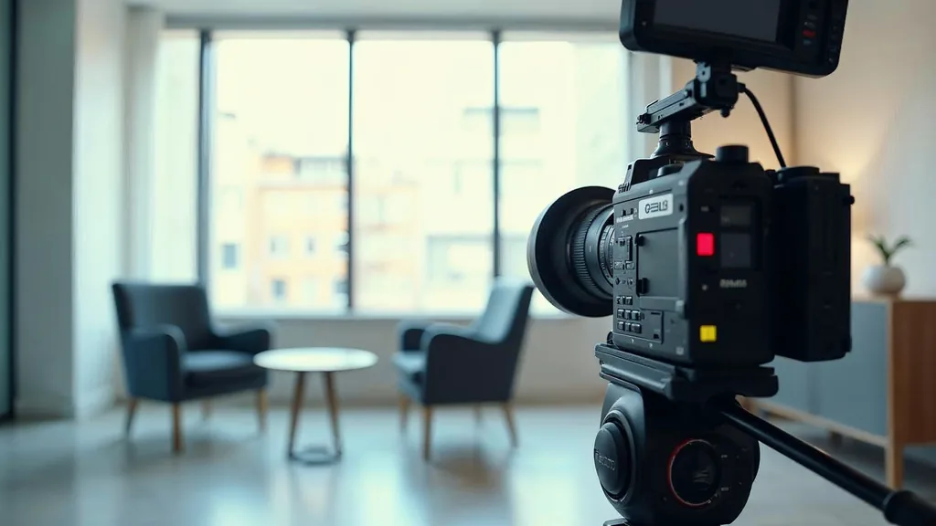 Editorial photograph of a professional video camera on a tripod facing an empty modern office meeting room set up for a filmed interview in soft daylight