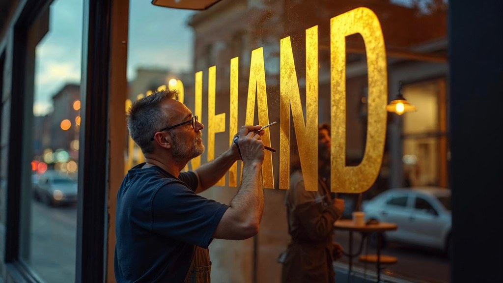 A sign painter finishing gold lettering on a shopfront window from the street side, photographed in Salt Lake City