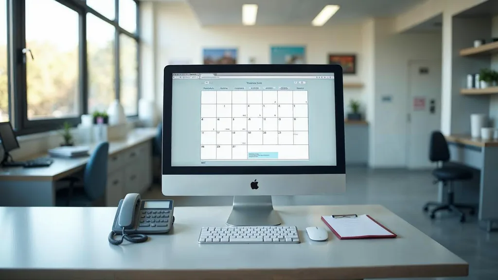 Editorial photograph of an empty veterinary practice front desk at opening time with a monitor showing a plain calendar grid, a telephone and a clipboard in soft morning daylight