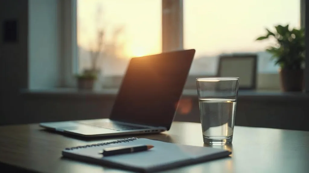 Editorial photograph of an empty quiet office desk at a treatment centre at dawn with a closed laptop, a plain notebook and a glass of water beside a window