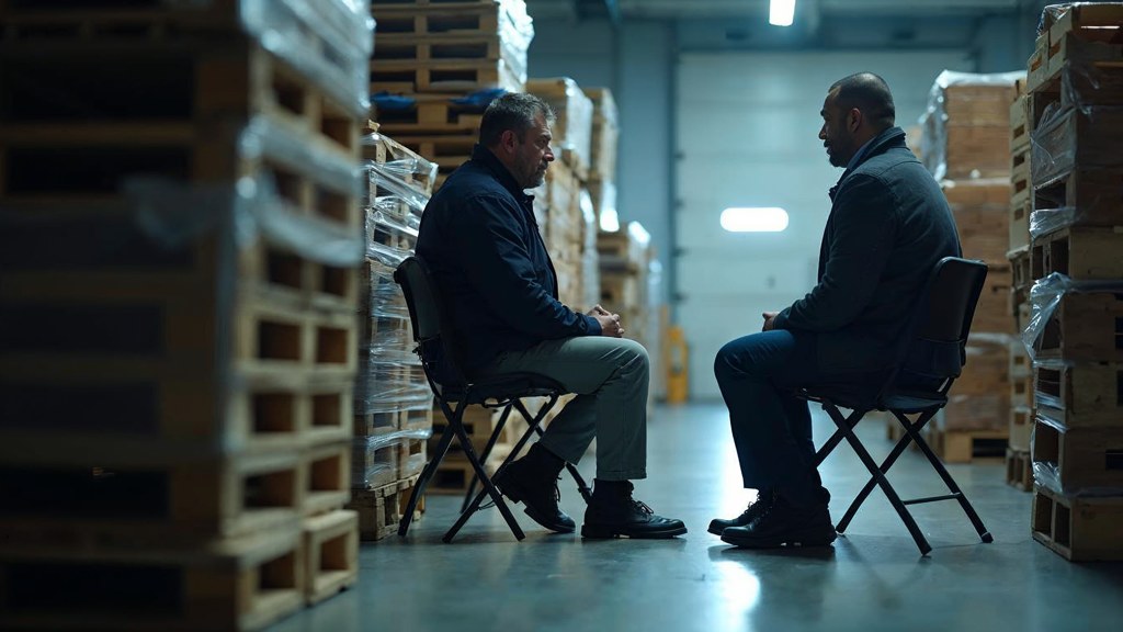 A warehouse supervisor interviewing a candidate on folding chairs beside stacked pallets, photographed in Salt Lake City