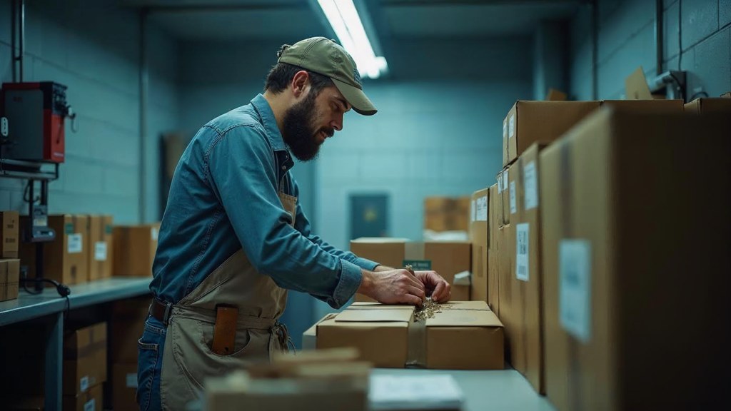 A warehouse worker taping shipping boxes under strip lighting in a small fulfilment room, photographed in Salt Lake City
