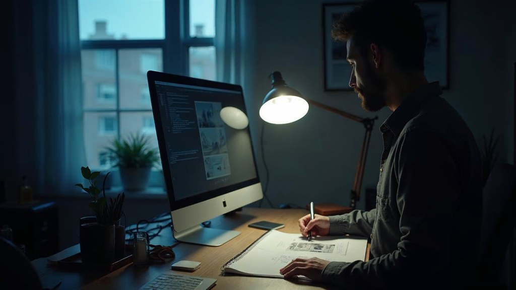 A studio designer sketching a page layout on paper beside a monitor in a dim room, photographed in Salt Lake City