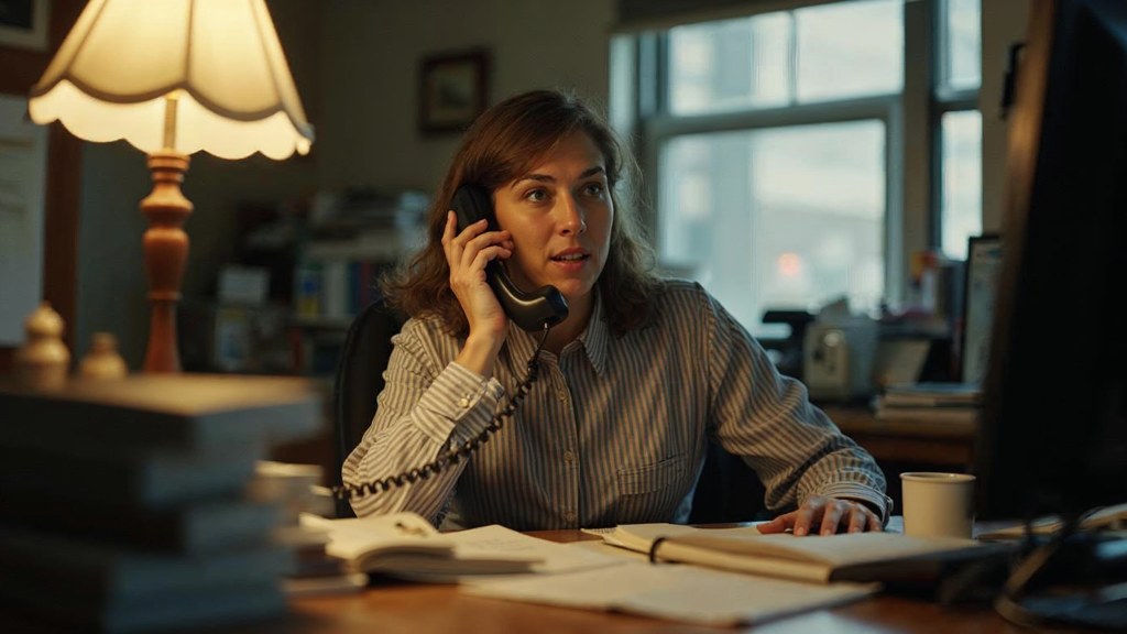 An office manager at a cluttered desk with a landline handset tucked under one ear, photographed in Salt Lake City