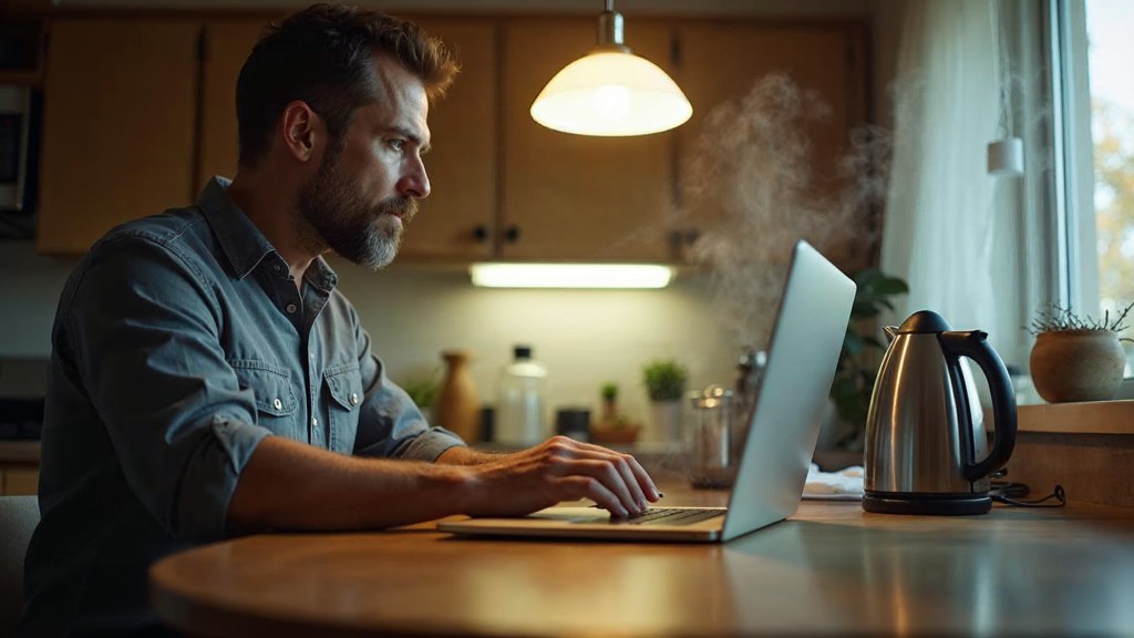A service-business owner at a kitchen table typing a question into a laptop while a kettle steams behind, photographed in Salt Lake City