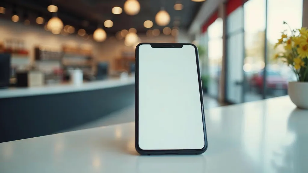 A smartphone face up on a clean counter inside an empty retail franchise unit at opening time showing a blank message screen in soft morning daylight, shallow depth of field, no people, no text, no signage