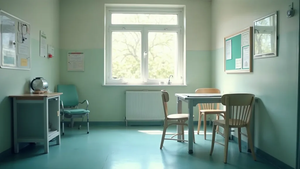 An empty veterinary staff break room with a noticeboard, a kettle and two chairs at a small table in soft morning daylight, shallow depth of field, no people, no animals, no text, no signage