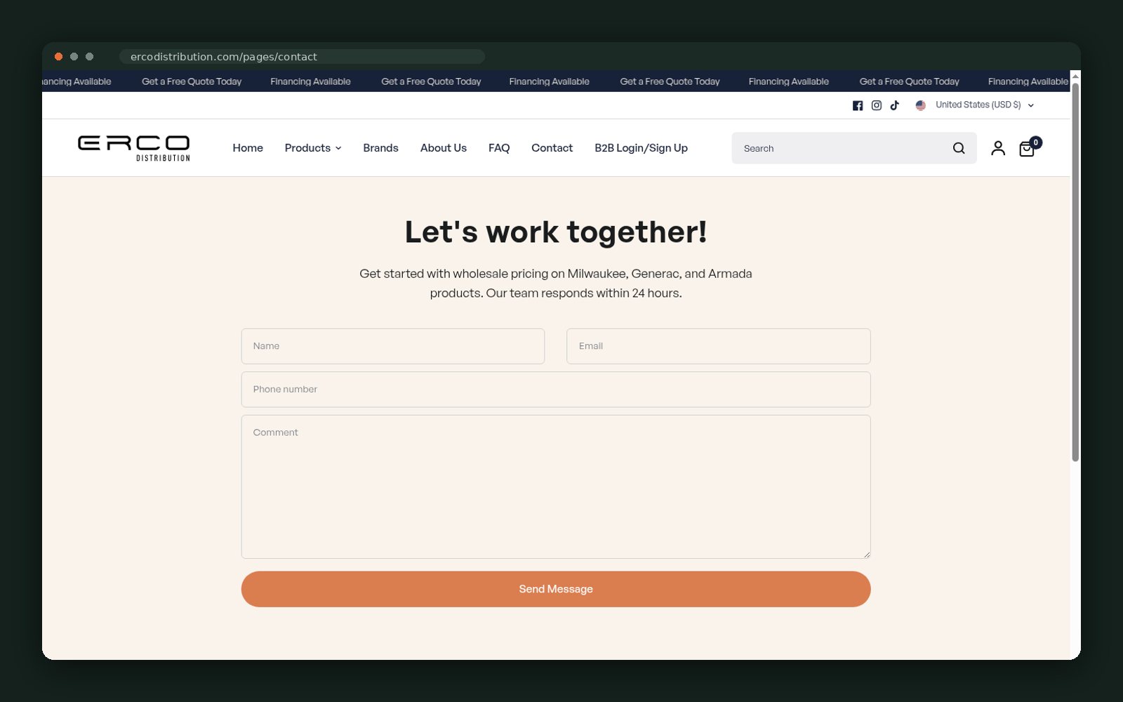 B2B contact and wholesale pricing request