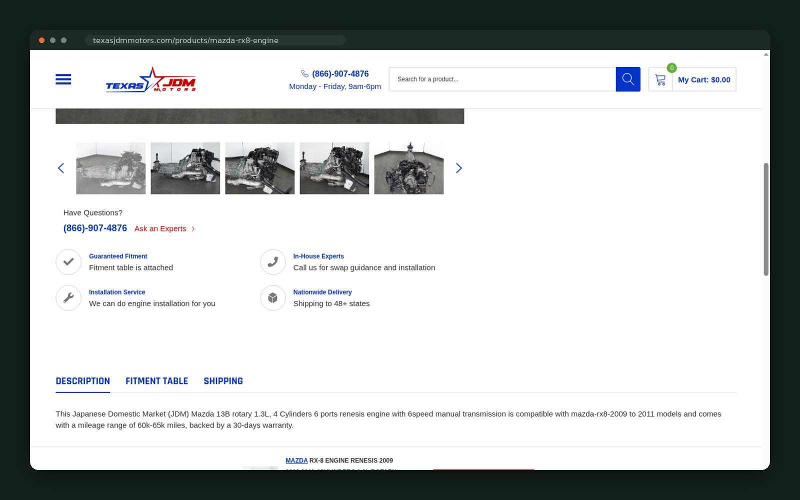 Product gallery, description and fitment tabs