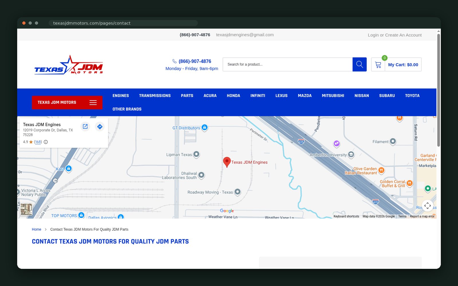 Contact page with Dallas location map