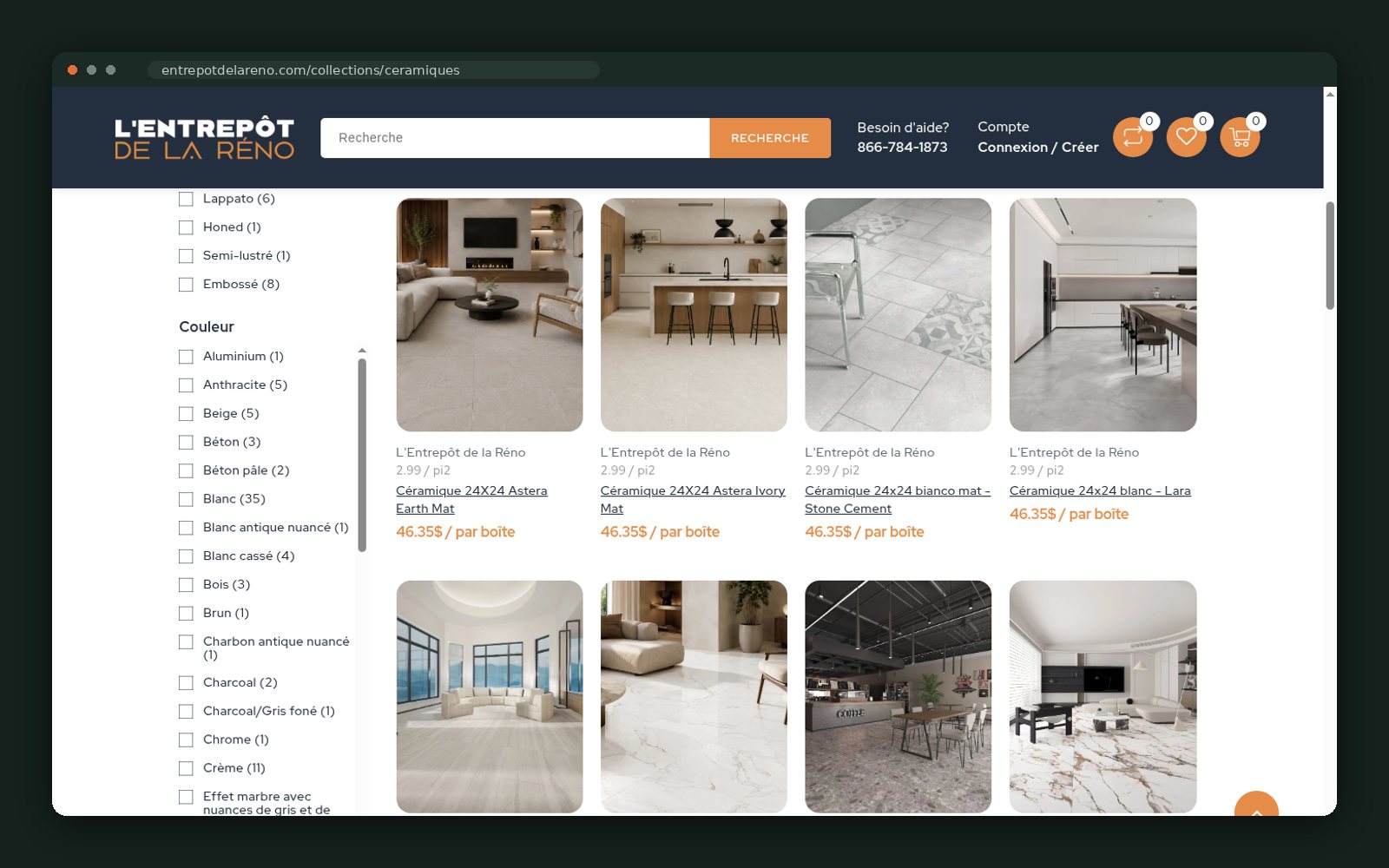 Tile product grid with per-box pricing